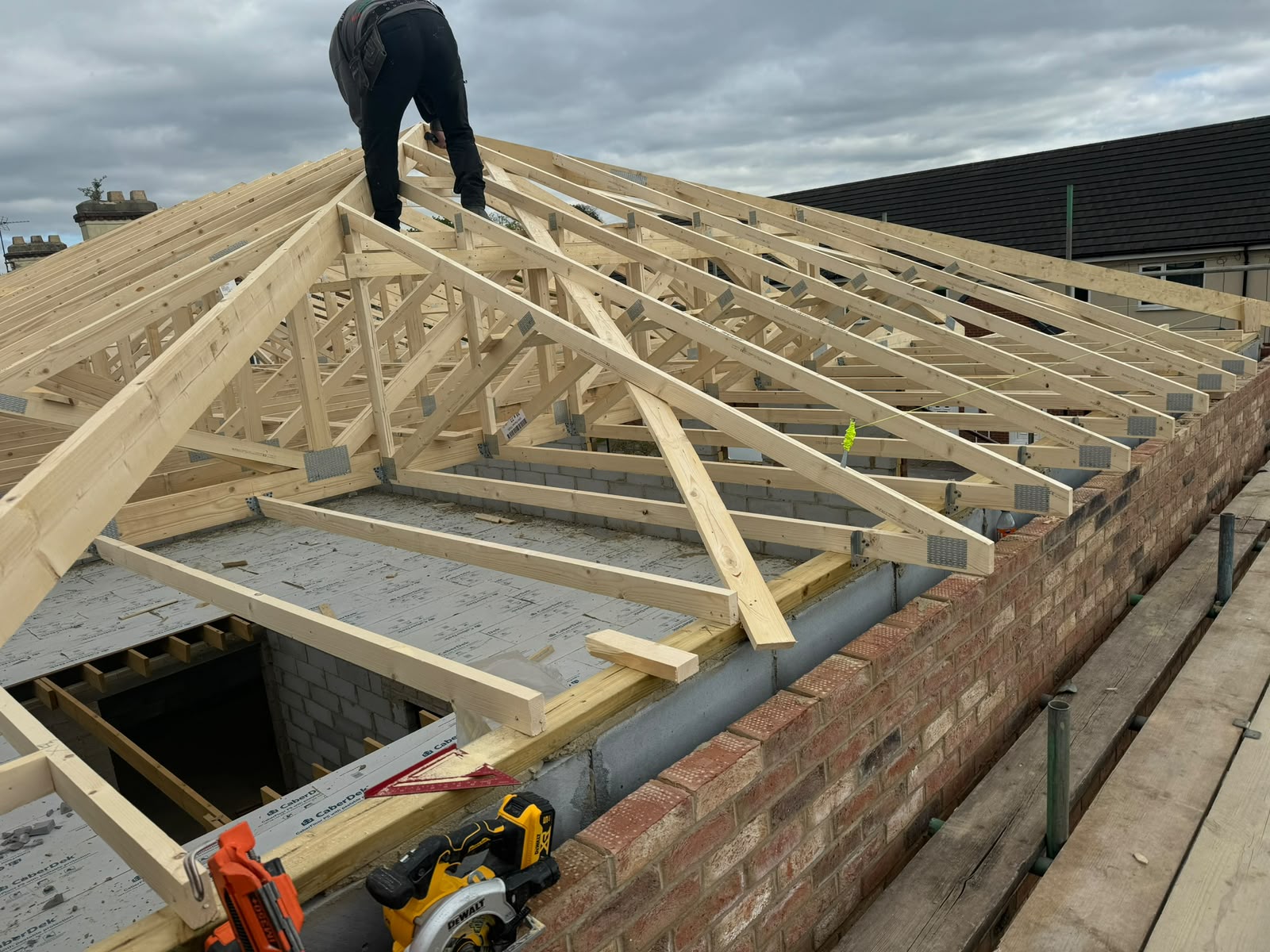 Roofing North East roofers erecting a new roof structure